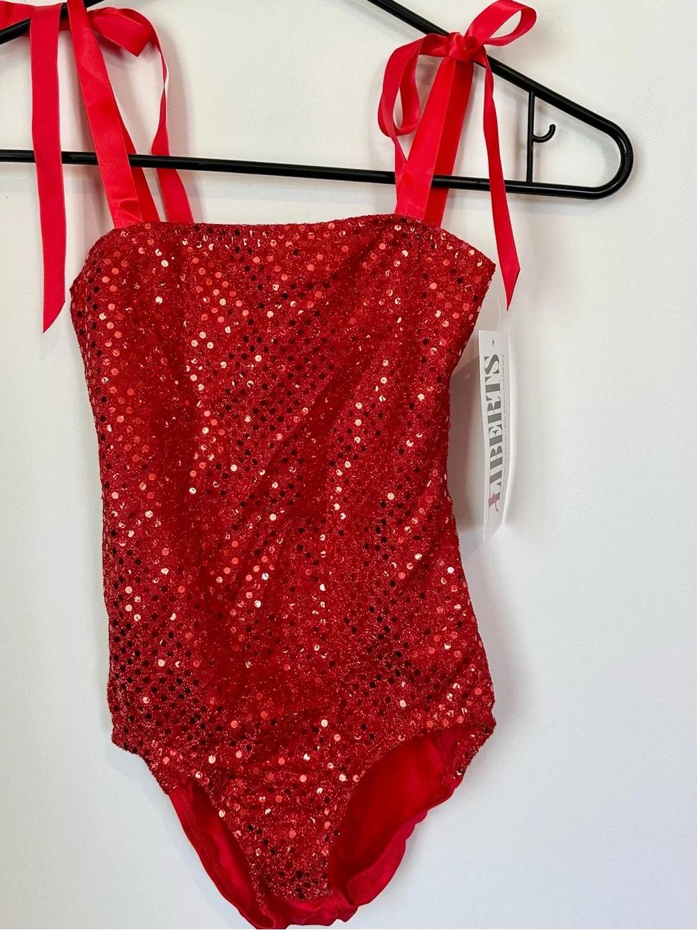 NWT Liberts Kids Red Sequin Dance Leotard with Ribbon Tie Shoulder Straps